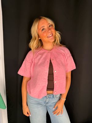 Seamed Short Sleeve Cardi-Pink