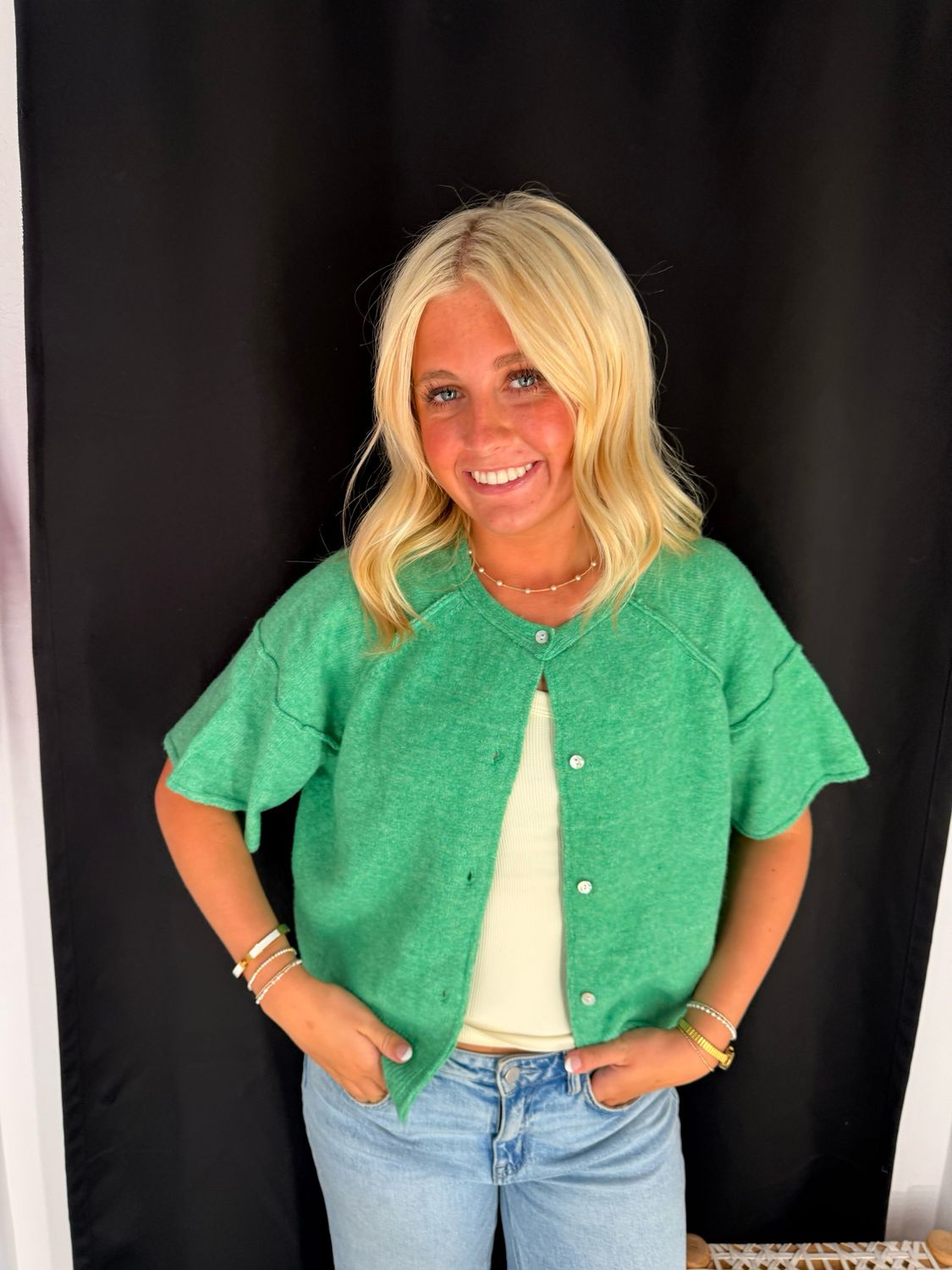 Seamed Short Sleeve Cardi-Green