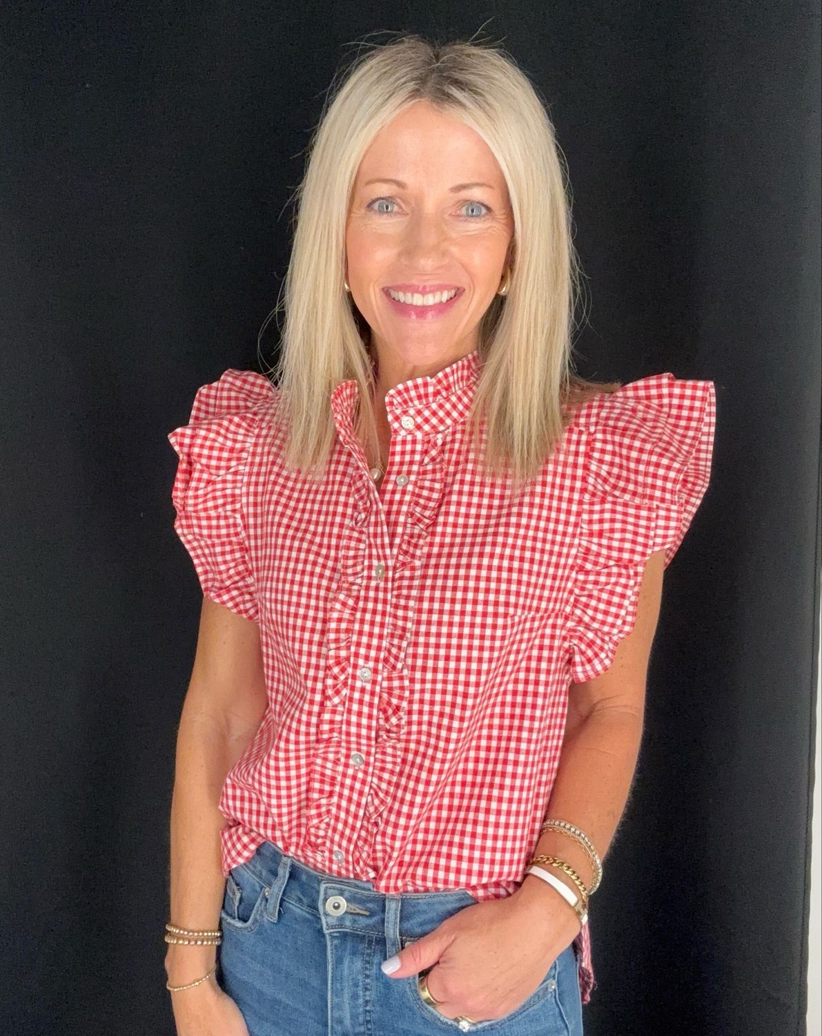 Gingham Ruffle Sleeve Top-Red