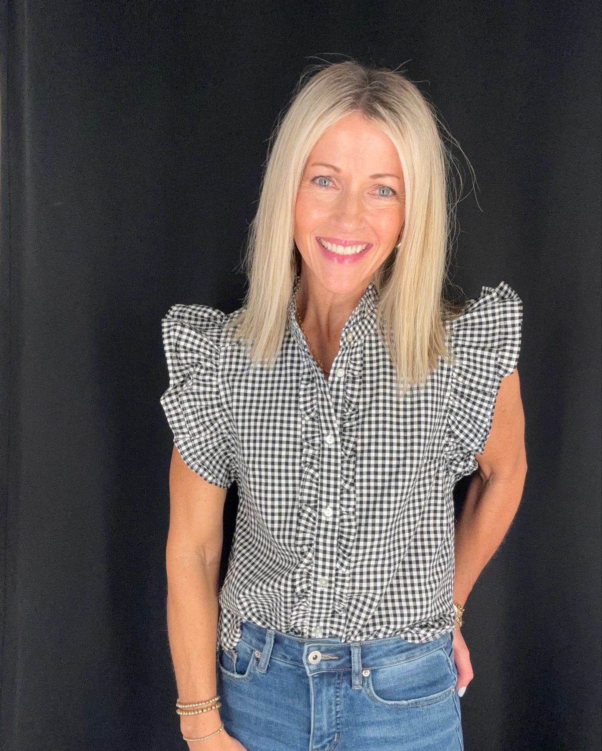 Gingham Ruffle Sleeve Top-Blk