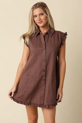 Ruffle Shirt Dress-Brown