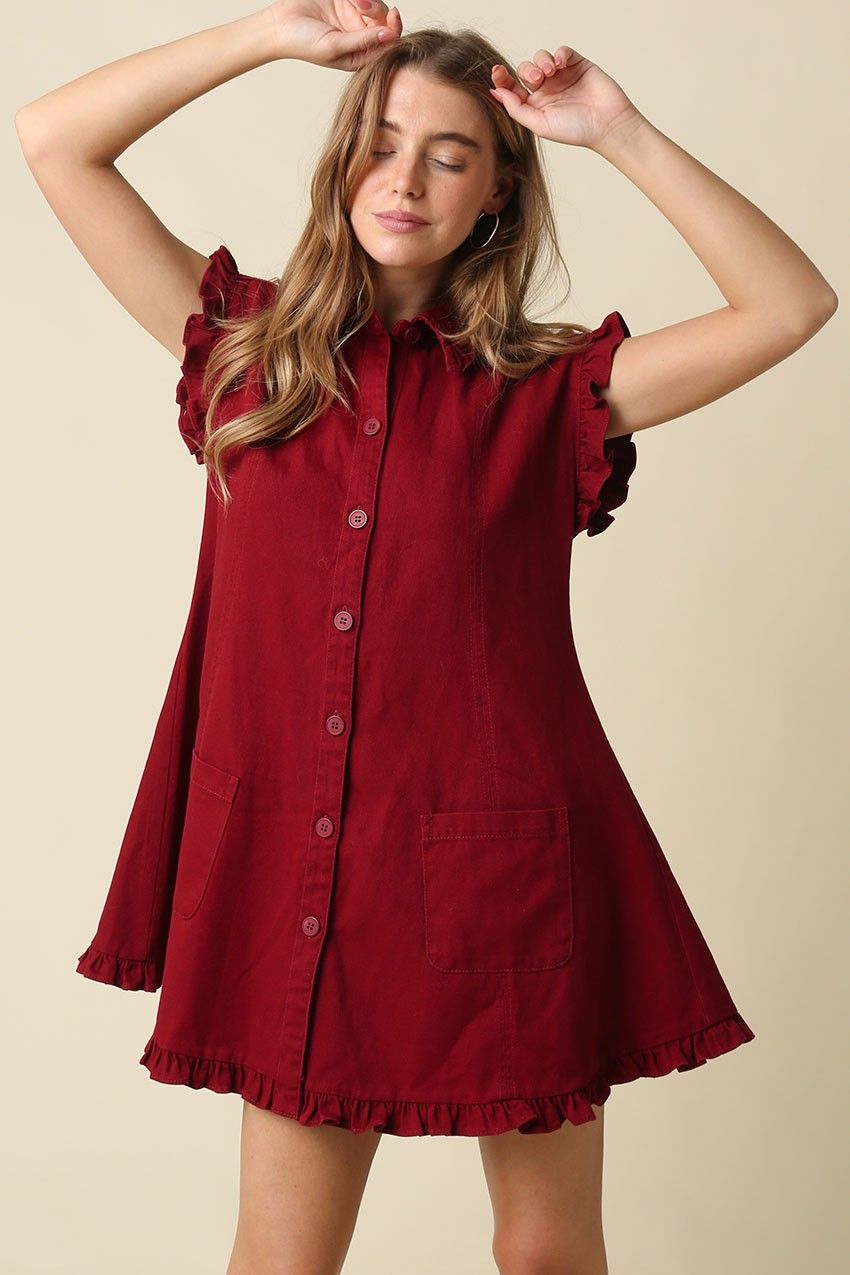Ruffle Shirt Dress-Crimson