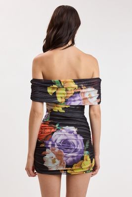 Floral Mesh Off Shoulder-Blk