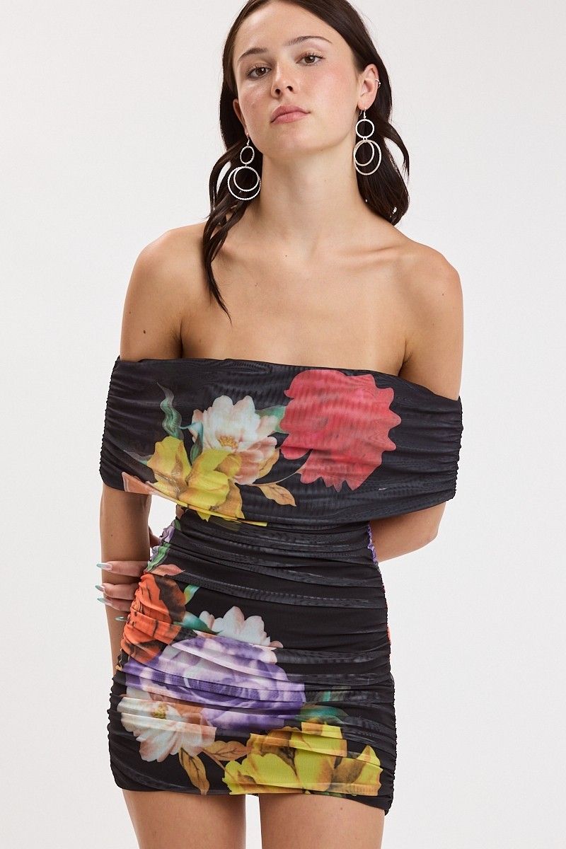 Floral Mesh Off Shoulder-Blk