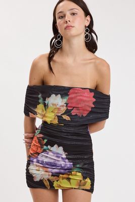 Floral Mesh Off Shoulder-Blk