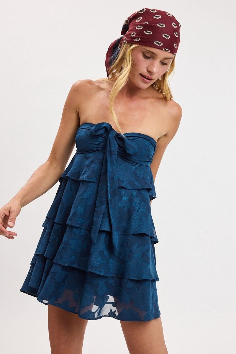 Sheer Tiered Ruffle Dress-Teal