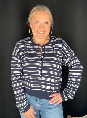Boxy Stripe Henley-Navy