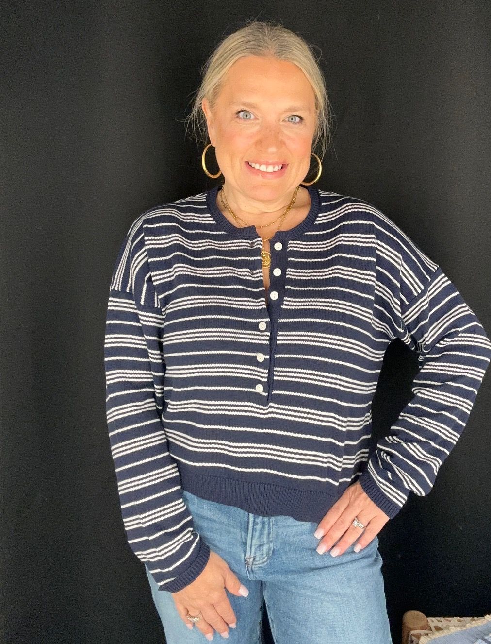 Boxy Stripe Henley-Navy