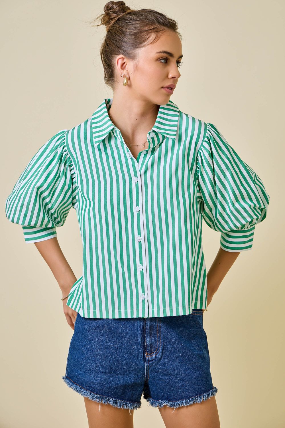 Green Puffy Stripe Blouse