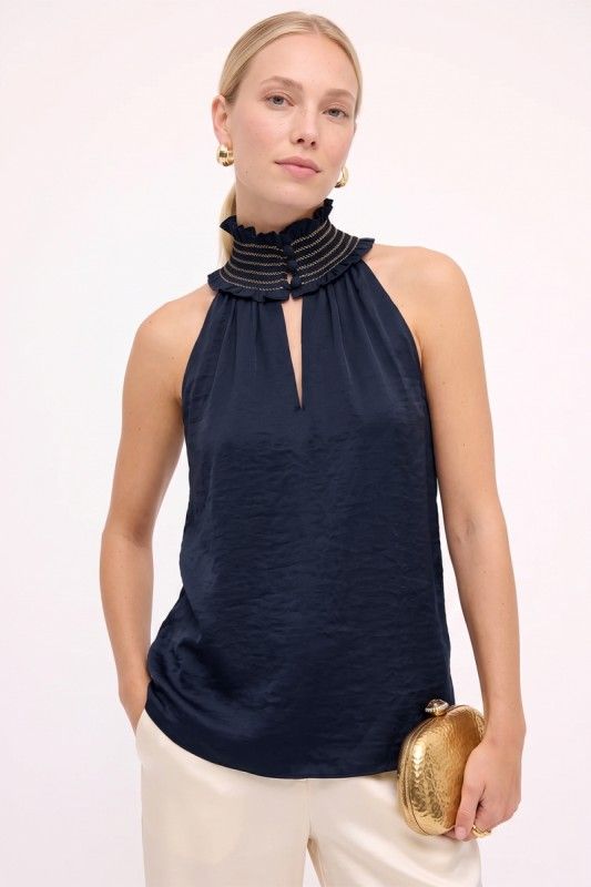 Metallic Smocked Halter-Navy
