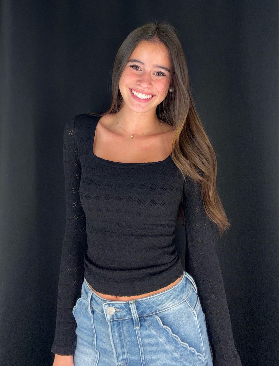 Square Neck Lace Top-Blk