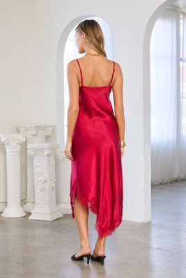 Red Satin &amp; Lace Midi Dress