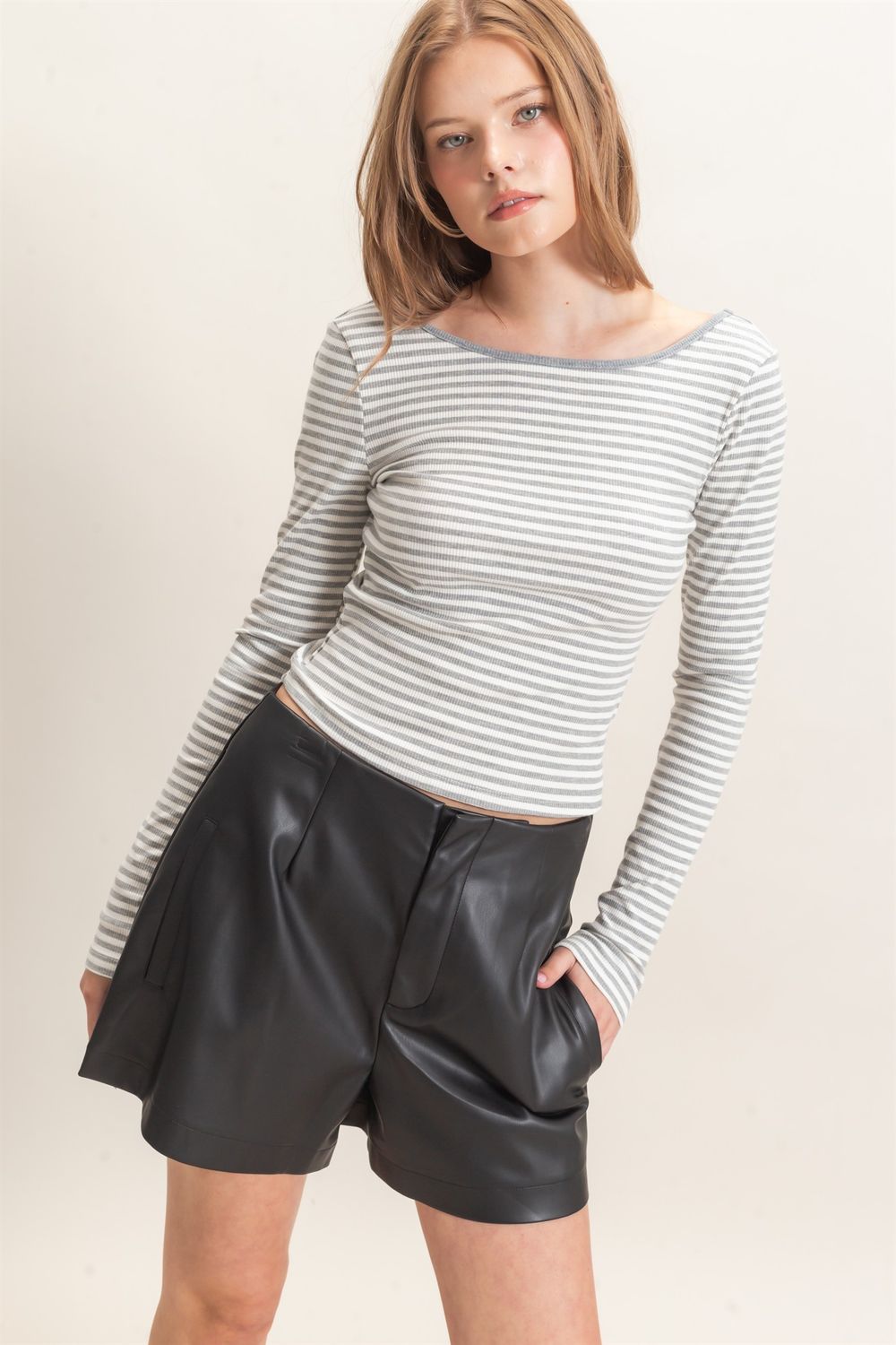 Stripe Low Back Top-Grey