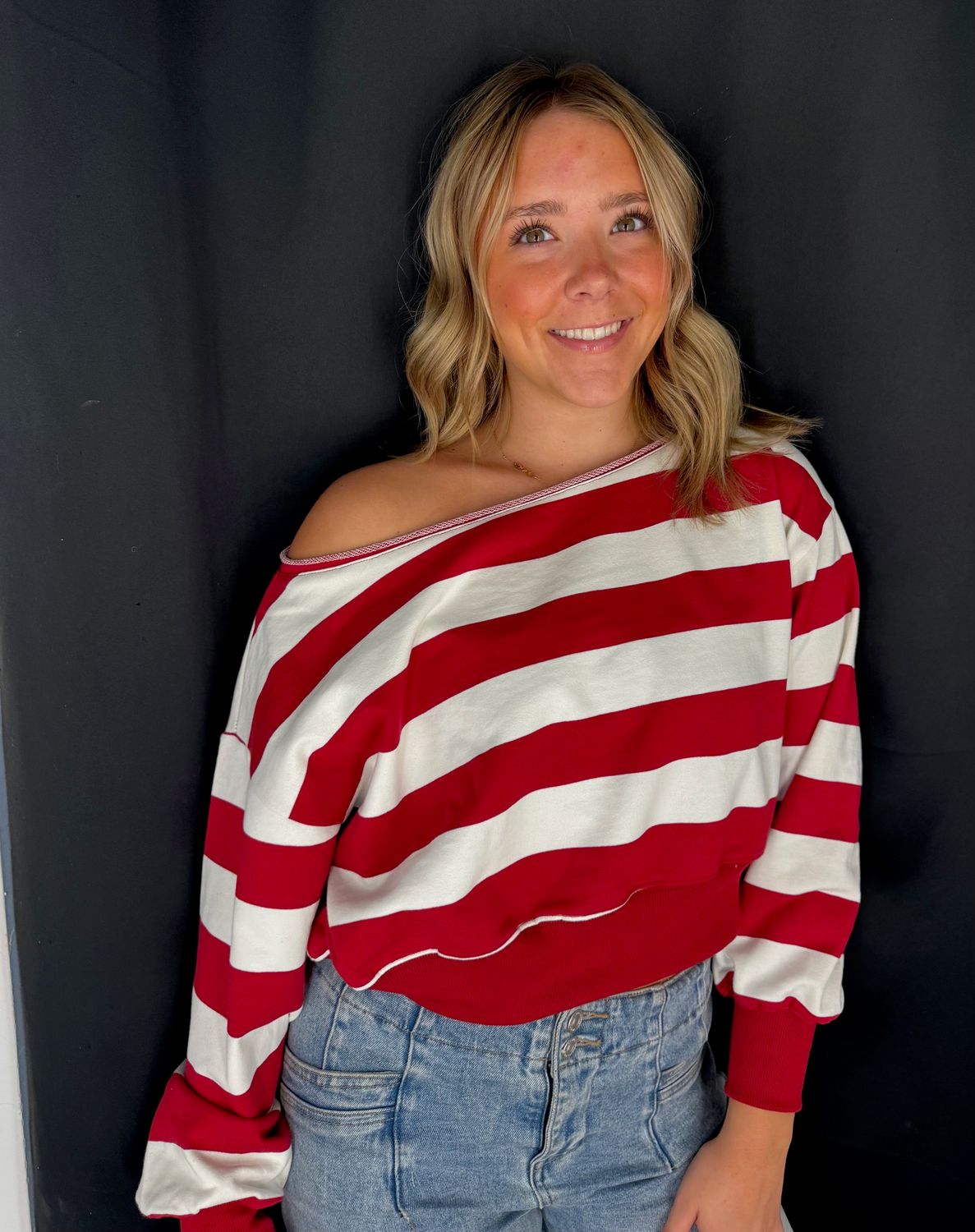 Off Shoulder Rugby Stripe Top-Red