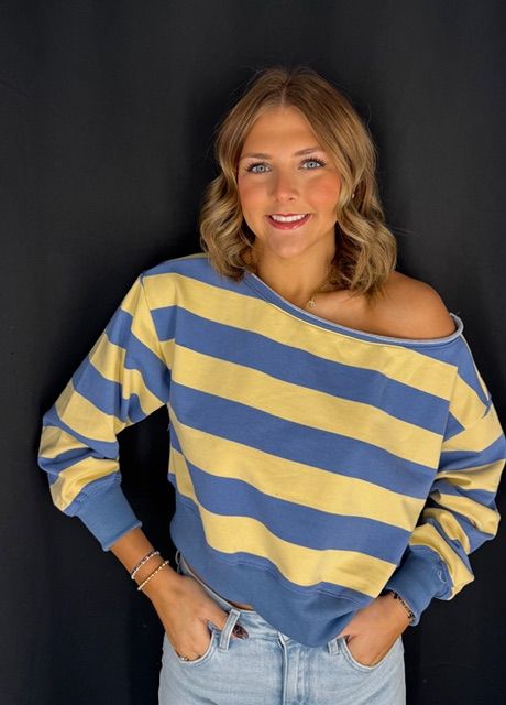 Off Shoulder Rugby Stripe Top-Blue