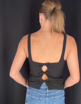 Boat Neck Tie Back Top-Blk