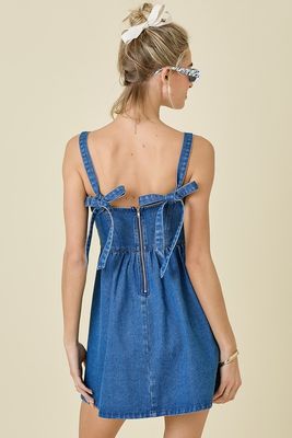 Tia Tie Shoulder Denim Dress-Blue