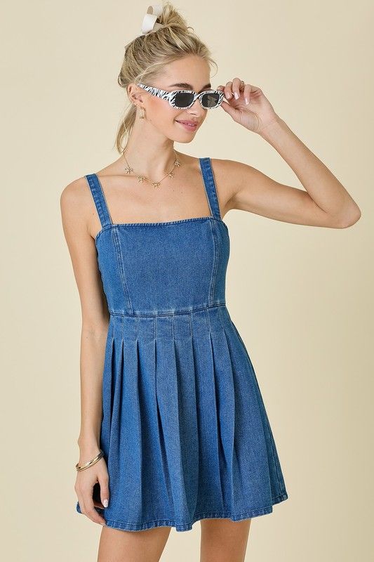 Tia Tie Shoulder Denim Dress-Blue