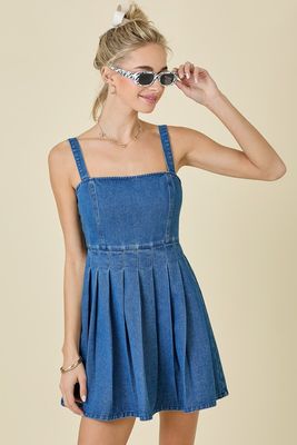 Tia Tie Shoulder Denim Dress-Blue