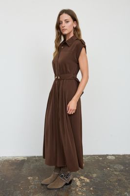 Solid Belted Shirt Dress-Brn