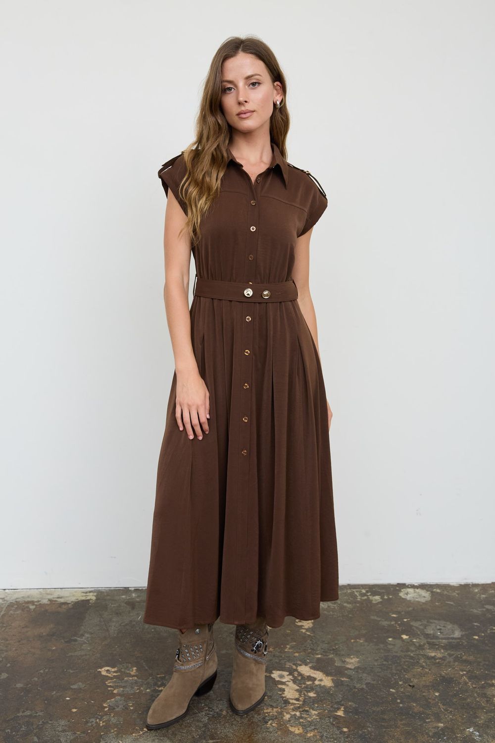 Solid Belted Shirt Dress-Brn