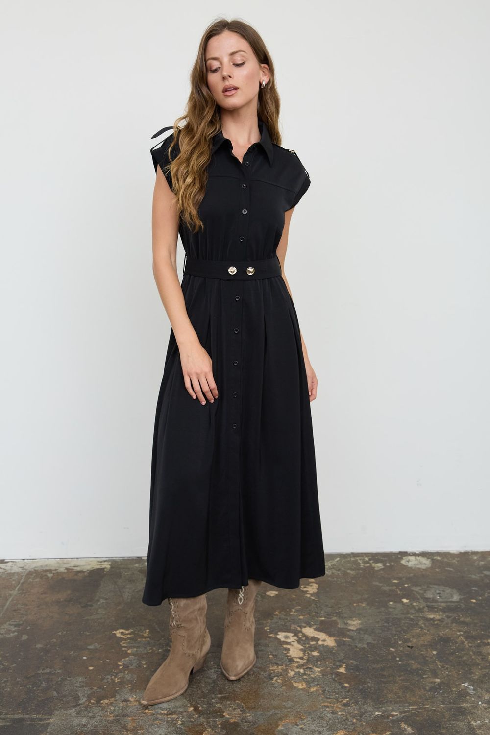 Solid Belted Shirt Dress-Blk