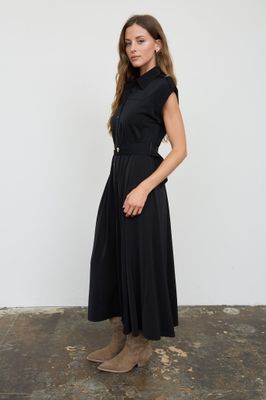 Solid Belted Shirt Dress-Blk