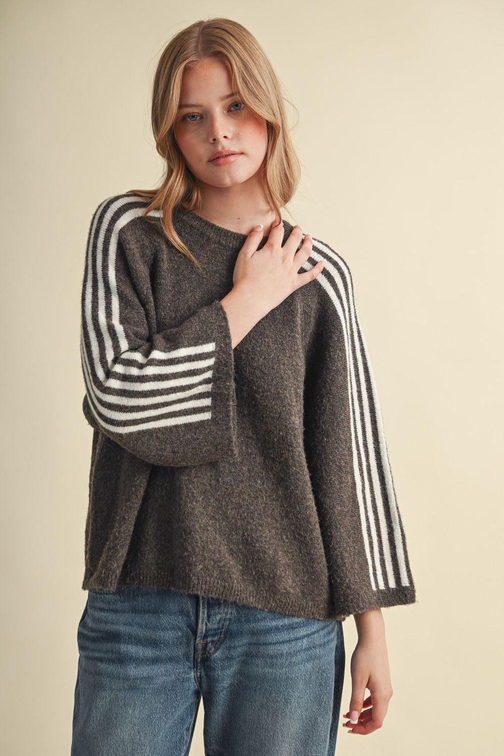 Sally Stripe Sleeve Sweater-Brown