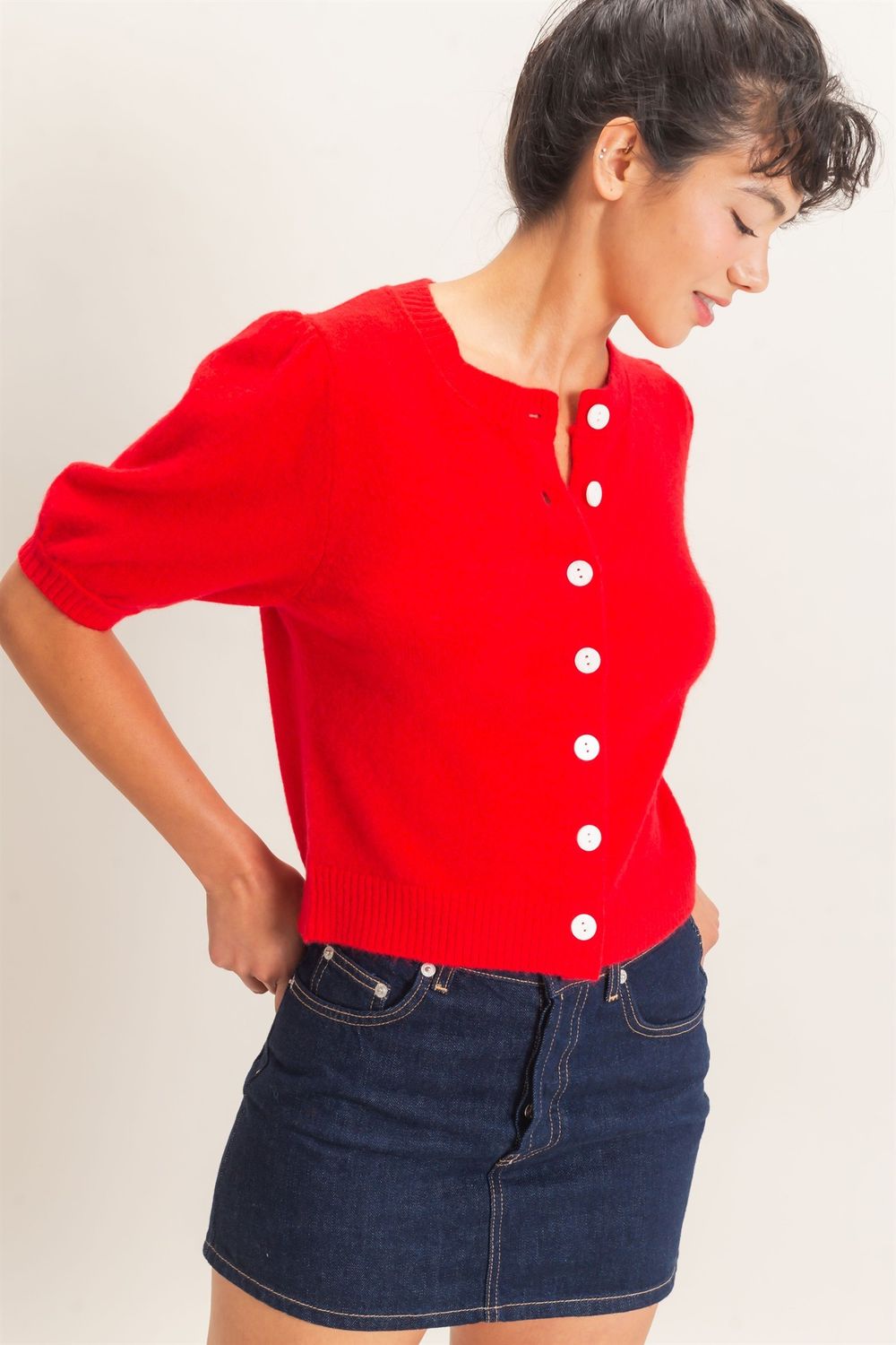 Patricia Puff Sleeve Cardi-Red