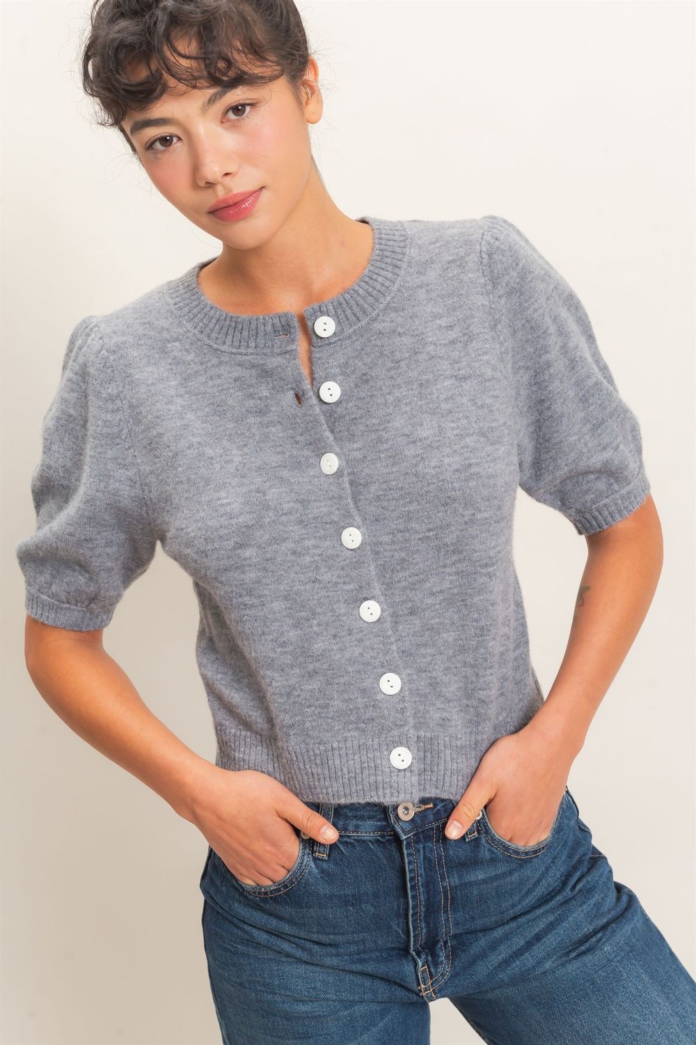 Patricia Puff Sleeve Cardi-Grey