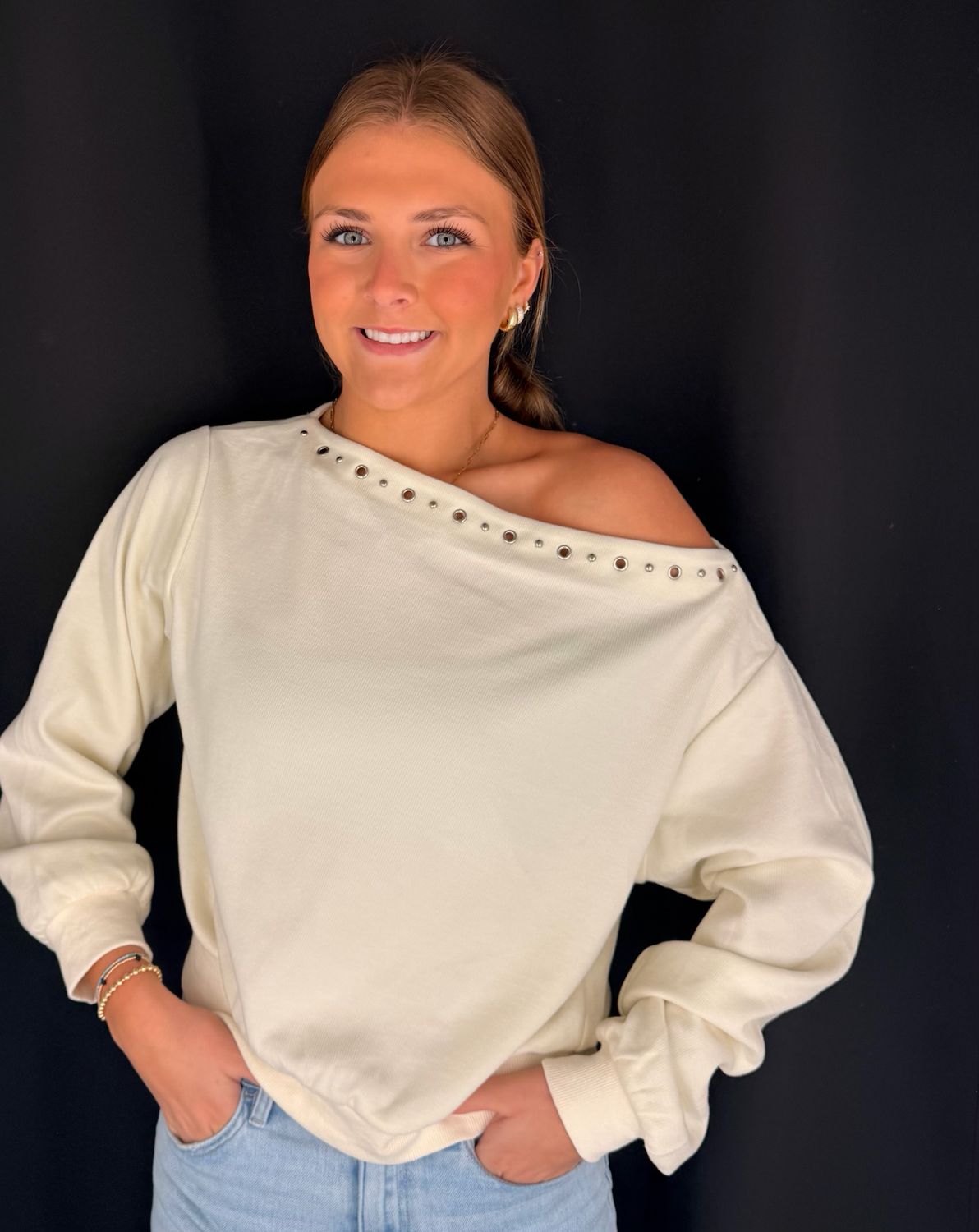 Studded Top Pullover-Cream