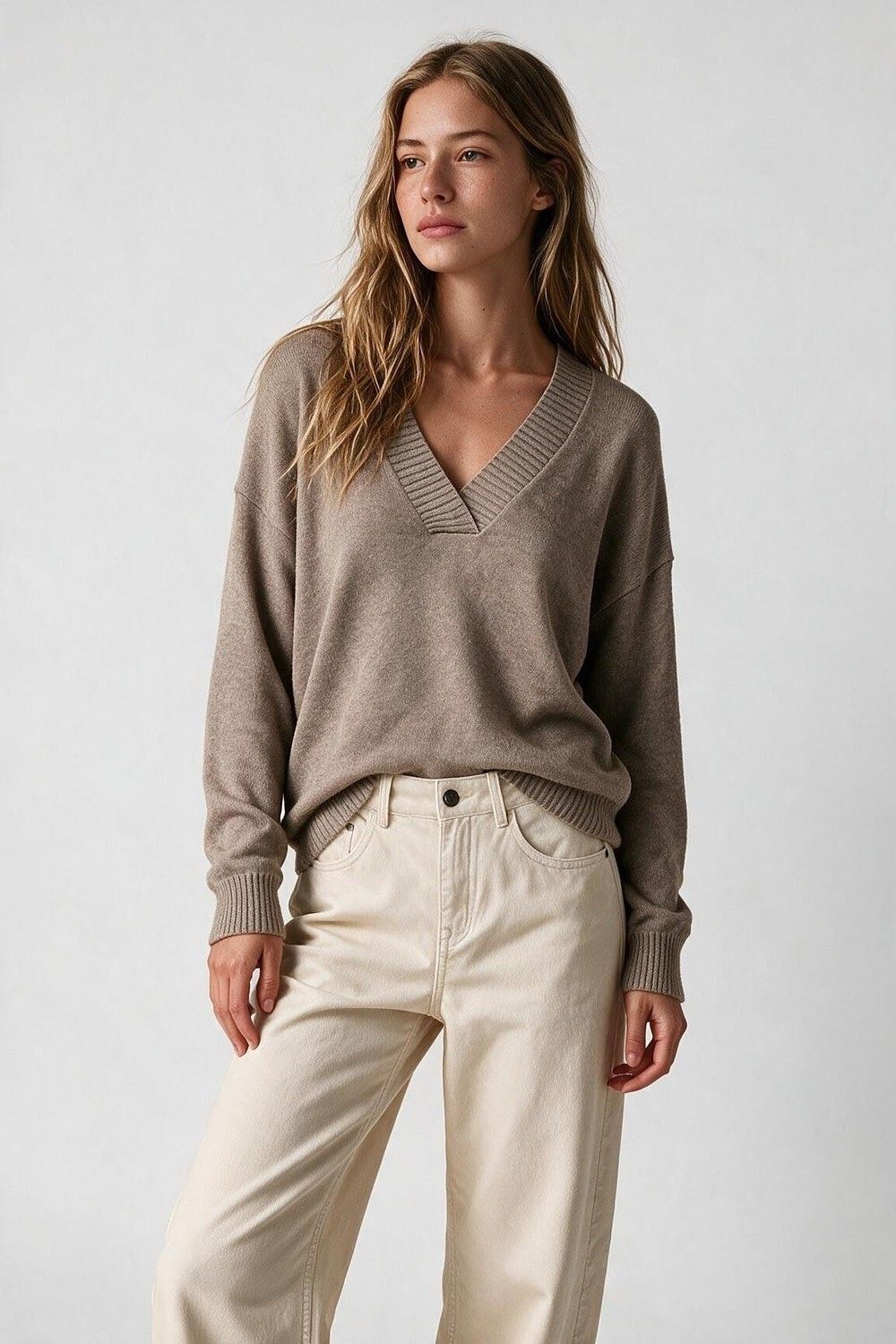 Laura Wide V Sweater-Taupe