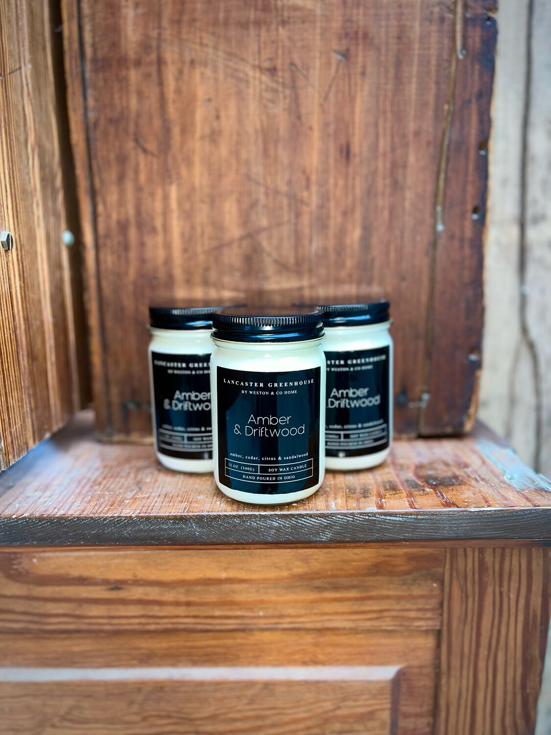 Soy Candle Amber and Driftwood Scent (12 oz jar) $16.50