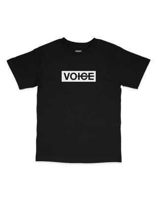 Black Tee with a graphic of the word VOICE and ICE with a strikethrough