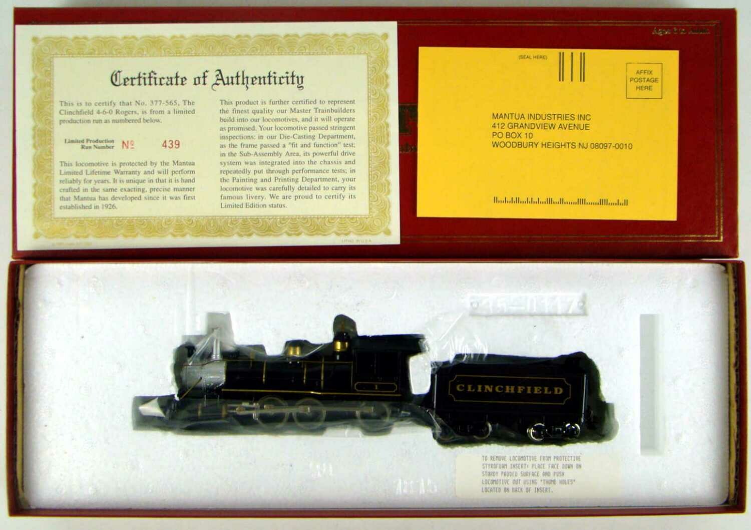 Mantua 377-565 Legendary Clinchfield Rogers 4-6-0 Ten Wheeler Locomotive #1 w/Book HO Scale