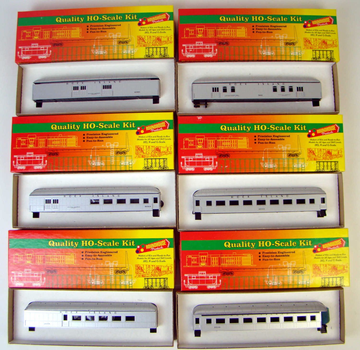 ​Vintage Roundhouse RH6222-6262 6 Coach Rock Island 60' Harriman Arch-Roof Kit Set HO Scale