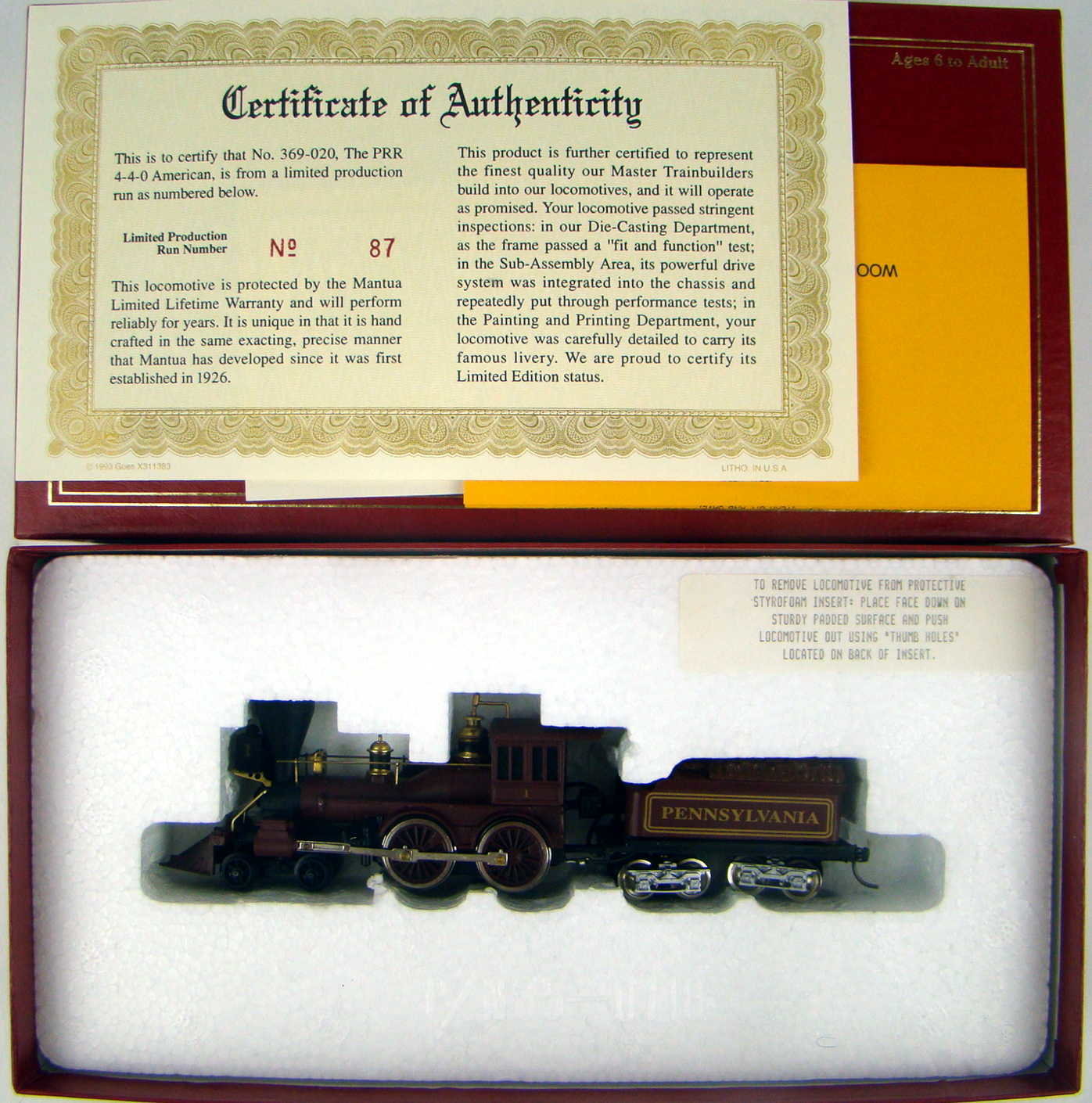 Mantua 369-020 PRR 4-4-0 American Standard Locomotive HO Scale