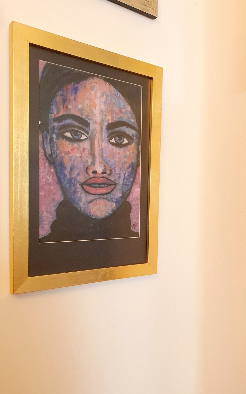 &quot;LA MUJER DE LOS OJOS&quot; ARTE TECNICA MIXTA CON MARCO HOJA ORO