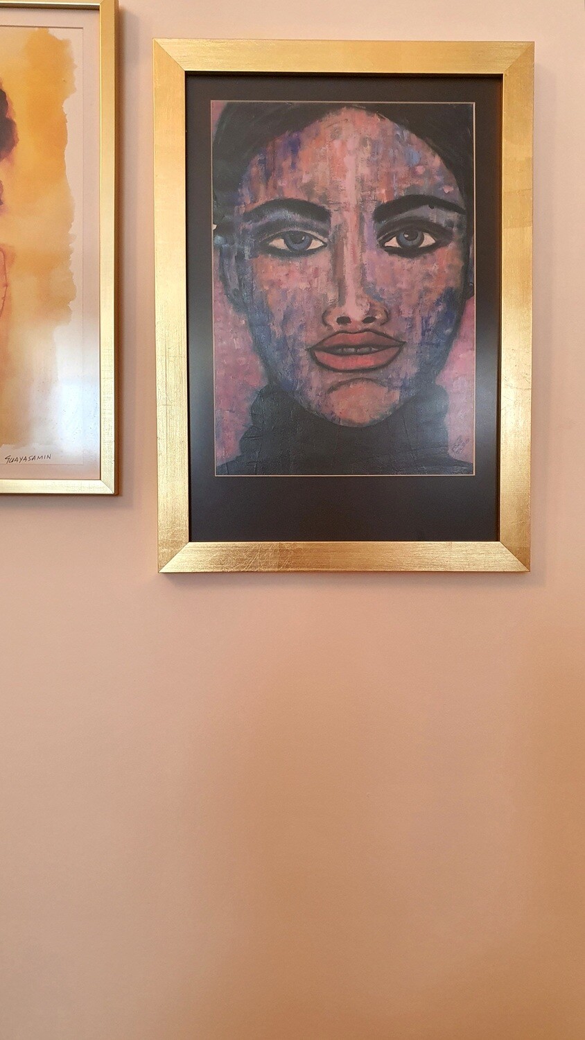 &quot;LA MUJER DE LOS OJOS&quot; ARTE TECNICA MIXTA CON MARCO HOJA ORO