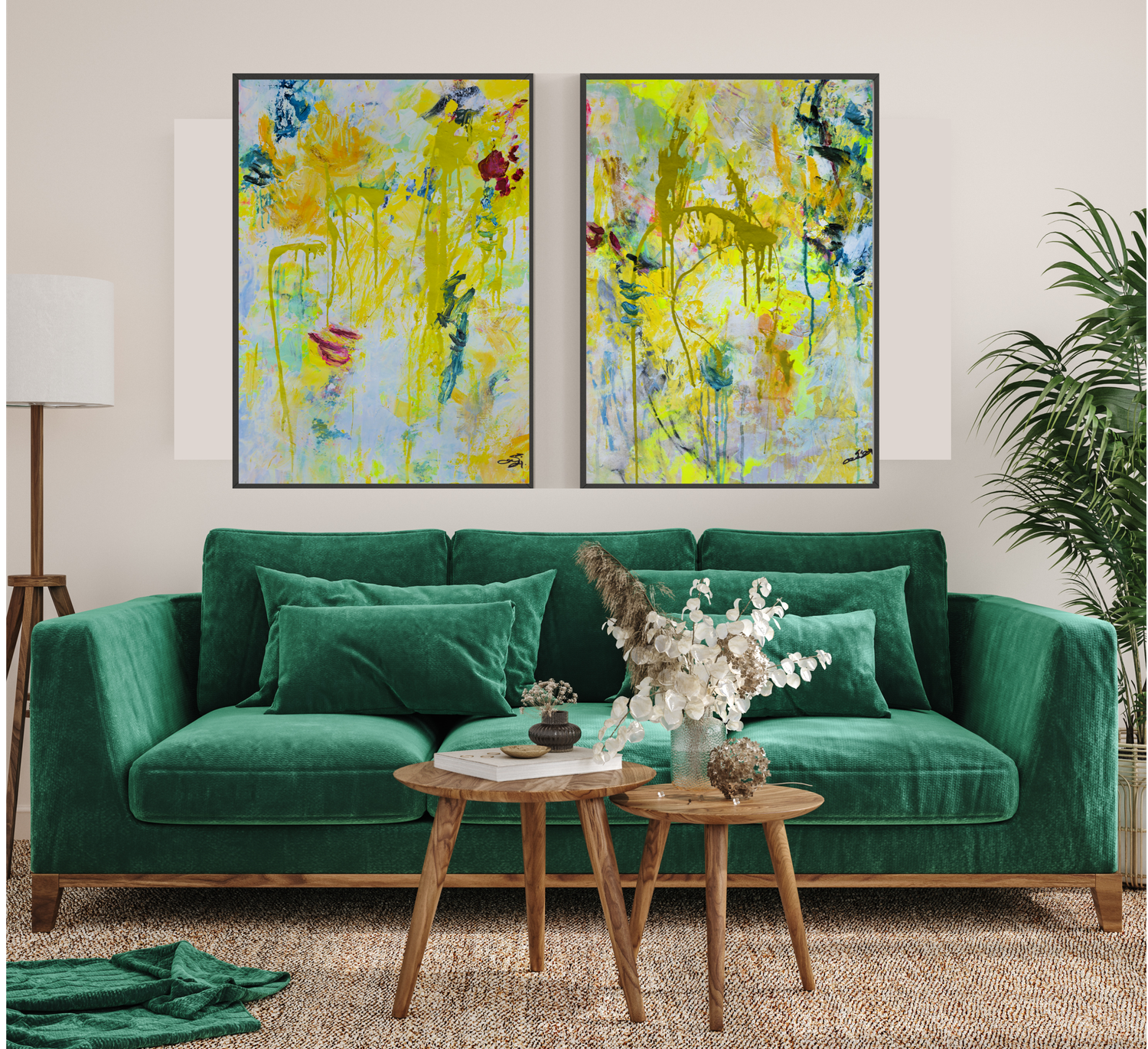 &quot;SPRING RISING&quot; OBRA ORIGINAL MAGABUNDA DE TECNICA MIXTA EN CANVAS / ENMARCADO NEGRO CON MARIALUISA (1 DE 2 PIEZAS DE LA SERIE)