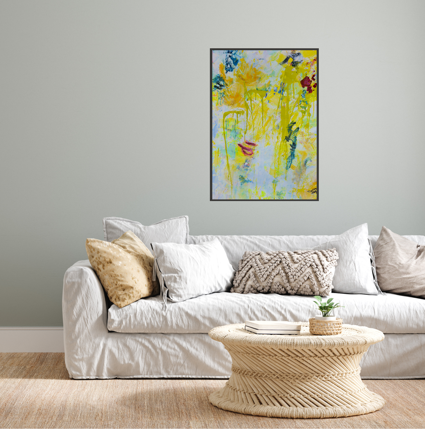 &quot;SPRING RISING&quot; OBRA ORIGINAL MAGABUNDA DE TECNICA MIXTA EN CANVAS / ENMARCADO NEGRO CON MARIALUISA (1 DE 2 PIEZAS DE LA SERIE)