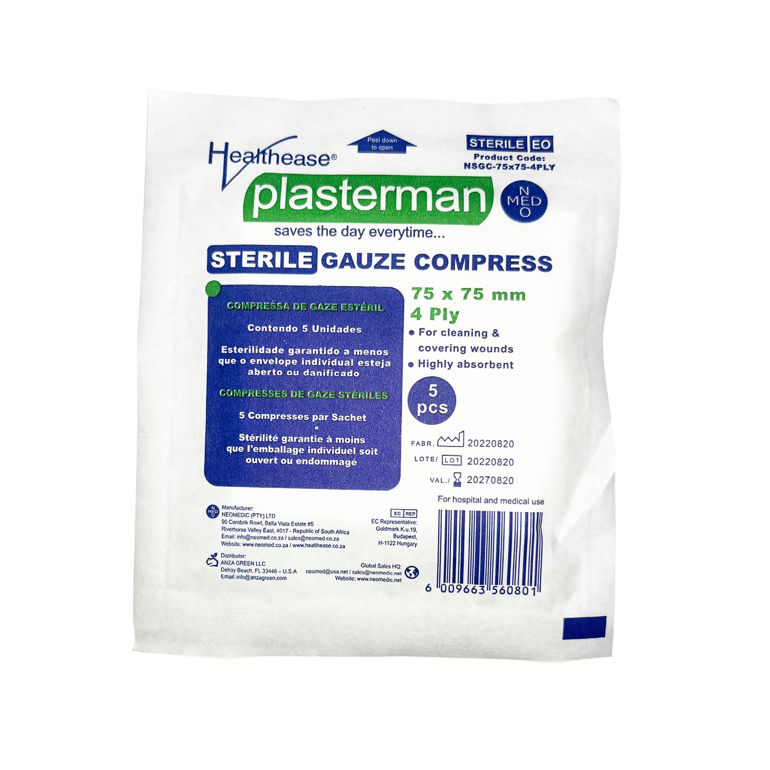 Gauze Swabs 8-Ply (Sterile) – Pack of 5, Size: 75mm x 75mm