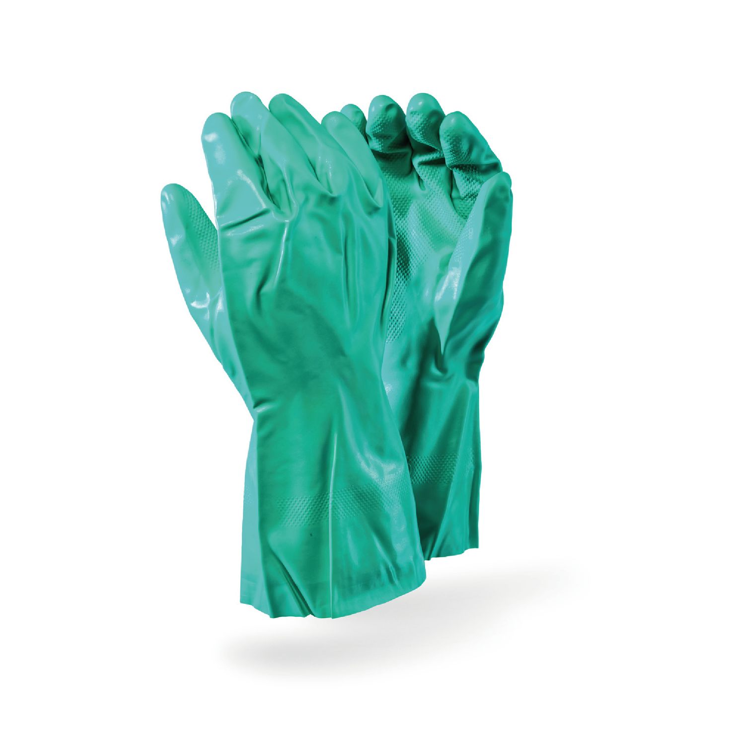 A pair of thick, green Chemical-Resistant Nitrile Gloves with an extended cuff and textured fingertips for superior grip.