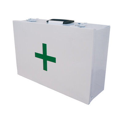 First Aid Regulation Metal box in white and green cross. Lockable, wall-mountable | SundryMed Supplies