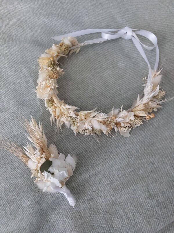 couronne de mariée bohème et la boutonnière assortie, accessoire de mariage en fleurs séchées, influence naturelle fleuriste