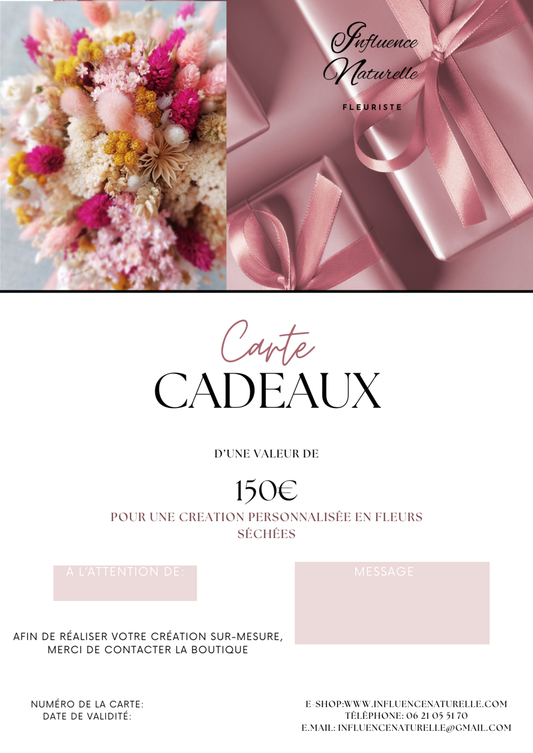 Carte cadeau pour une création en fleurs séchées