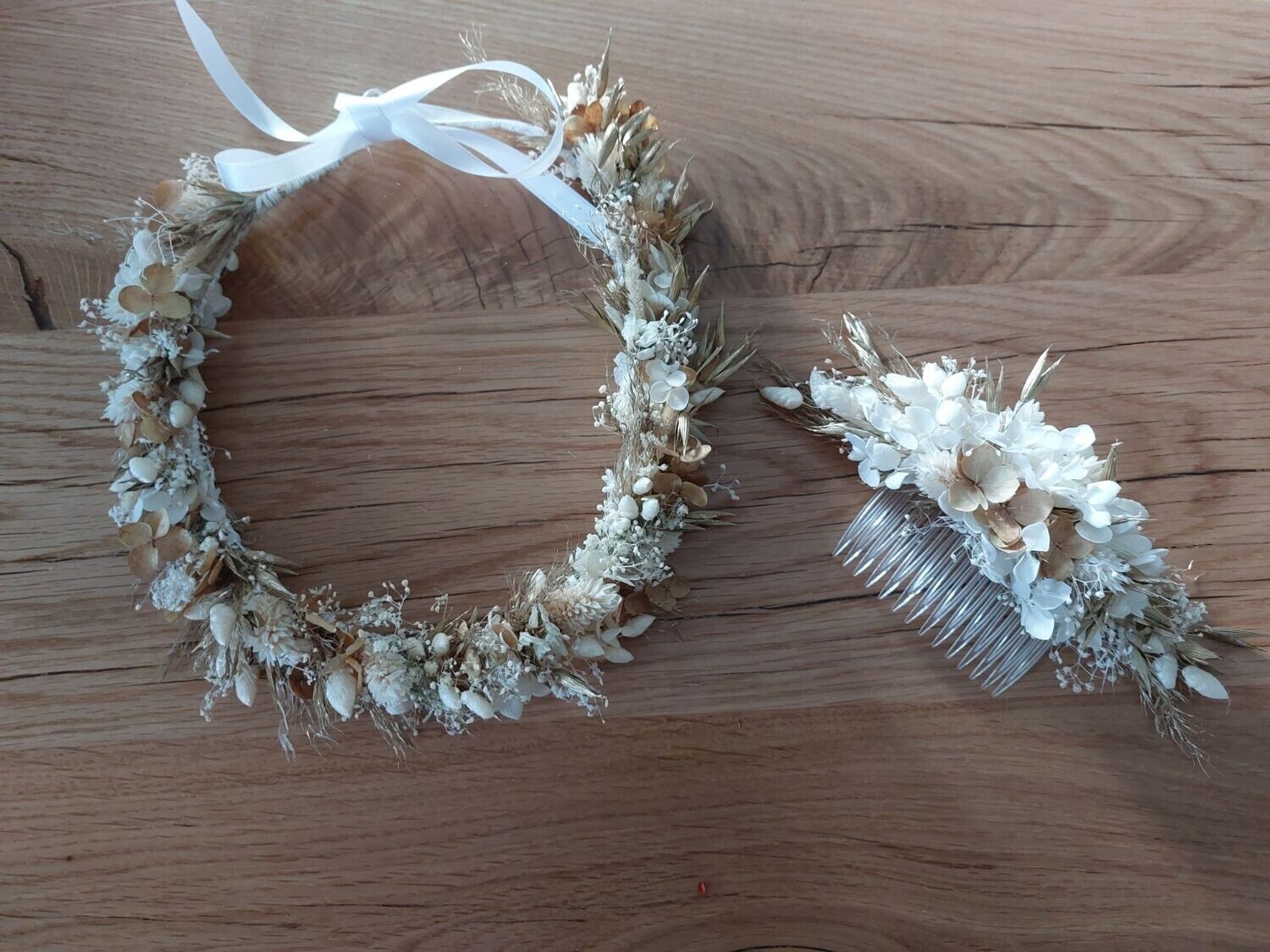 couronne de mariage, couronne de mariée et peigne de mariée, ensemble d'accessoire de mariage crème et doré, influence naturelle 