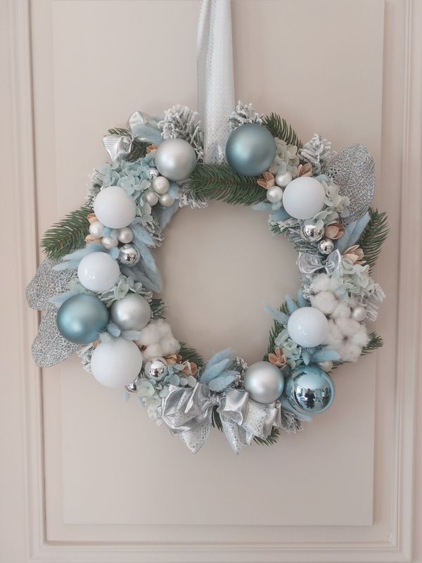 Couronne de Noel argent blanc et bleu 40 cm