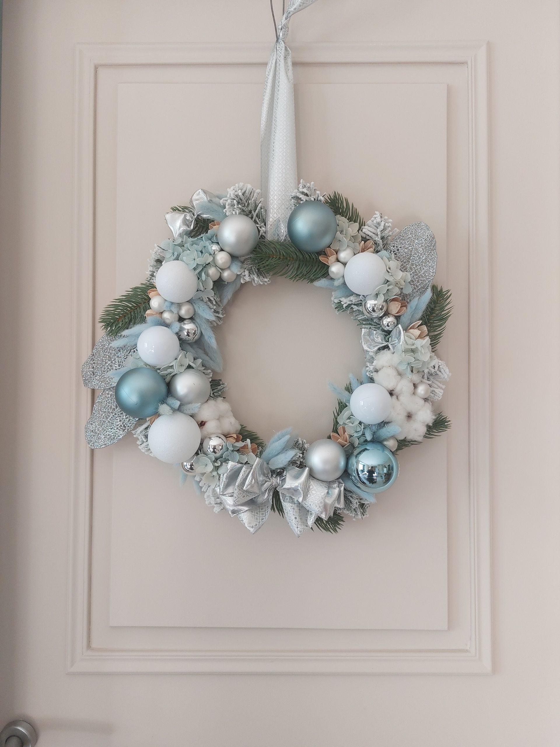 Couronne de Noel argent blanc et bleu 40 cm