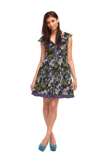 Full Skirted V Cut Dress - Blue/Green/Black